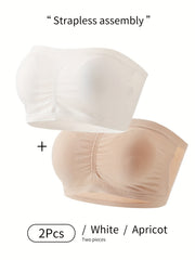 2pcs Solid Strapless Bandeau Bras Stretch Everyday Bra Women's Lingerie