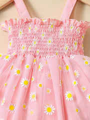 Baby Girls Daisy Graphic Print Thin Strap Mesh Dress Clothes For Summer