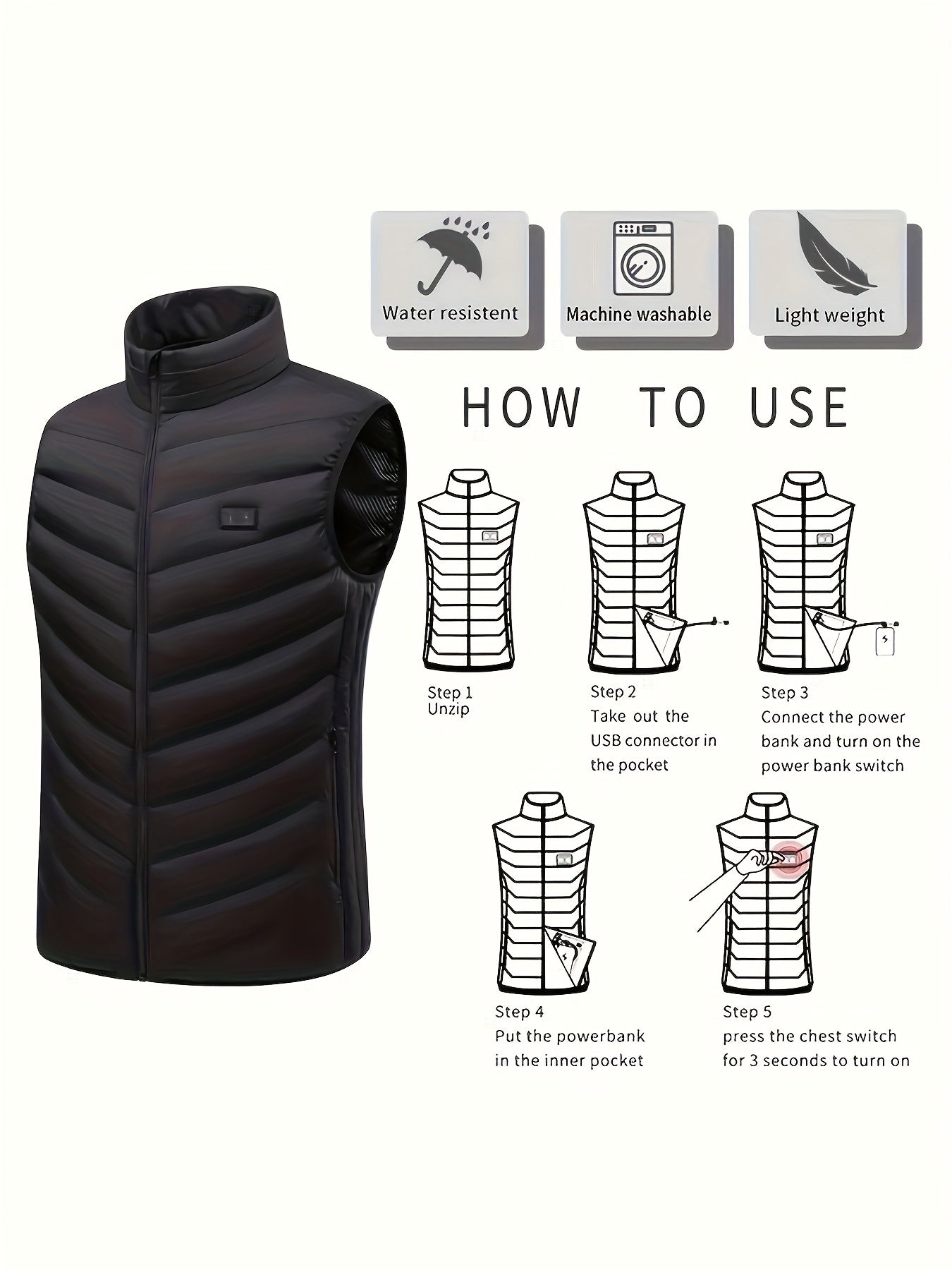 Men's 3 Heating Level Smart Heating Vest Stand Collar Warm Outdoor Vest