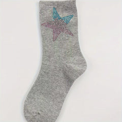 Star Rhinestone Decor Mid Tube Socks