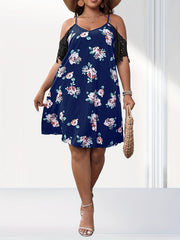 Floral Print Lace Short Sleeve V Neck Cold Shoulder Dress