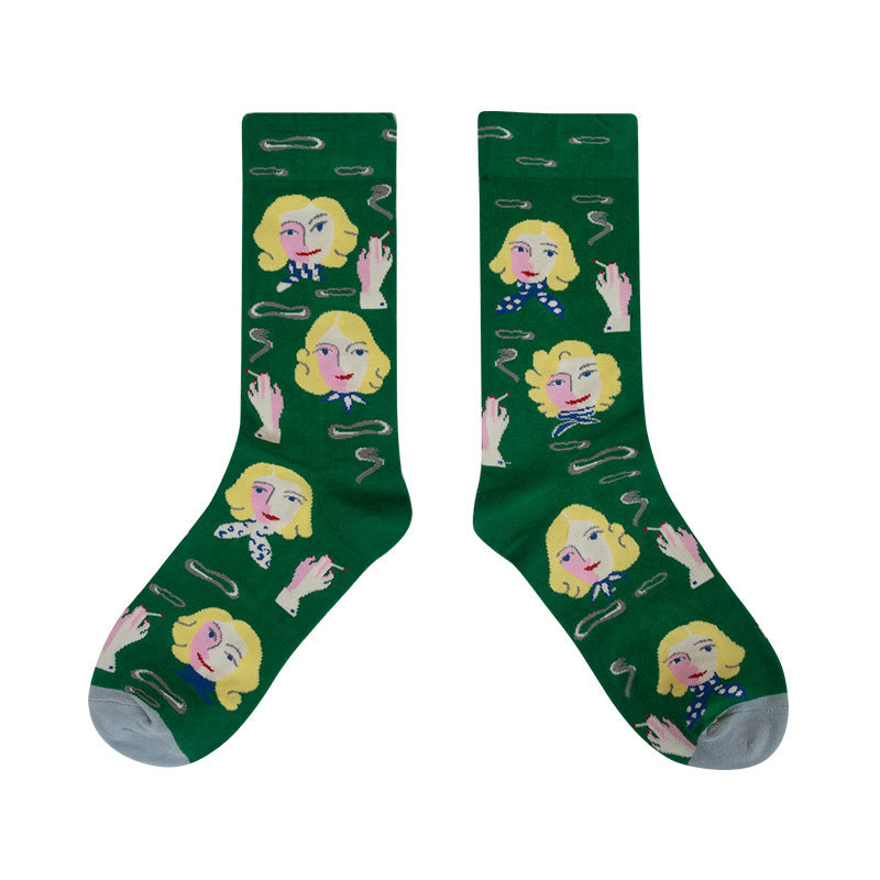 Retro Print Mid Tube Socks Soft & Comfy Funny Pattern Crew Socks Women's