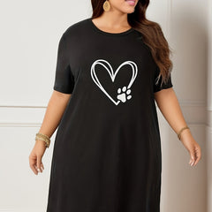Casual Nightdress Women's Plus Paw Print Short Sleeve Tee Dress