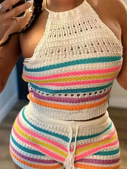 Striped Knitted Two Piece Set Halter Top & Shorts Outfit
