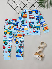 Boys 2pcs Pajamas Long Sleeve Top & Pants Colorful Cartoon Cars Print Set