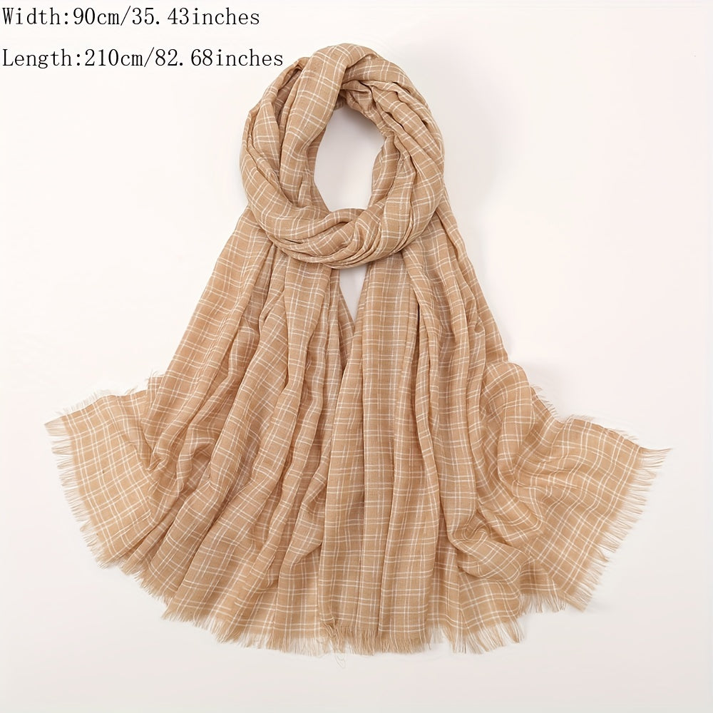 Sunscreen Plaid Cotton Linen Long Scarf