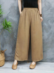Solid Elastic Waist Wide Leg Pants Casual Pocket Pants