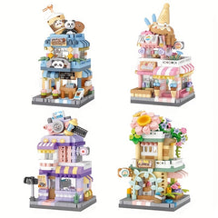 City Street View Building Block Set DIY Ice Cream Coffee Flower Shop Model Toy
