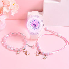 Girls' Cartoon Cat Watch Gift Set with Pendant Bracelet