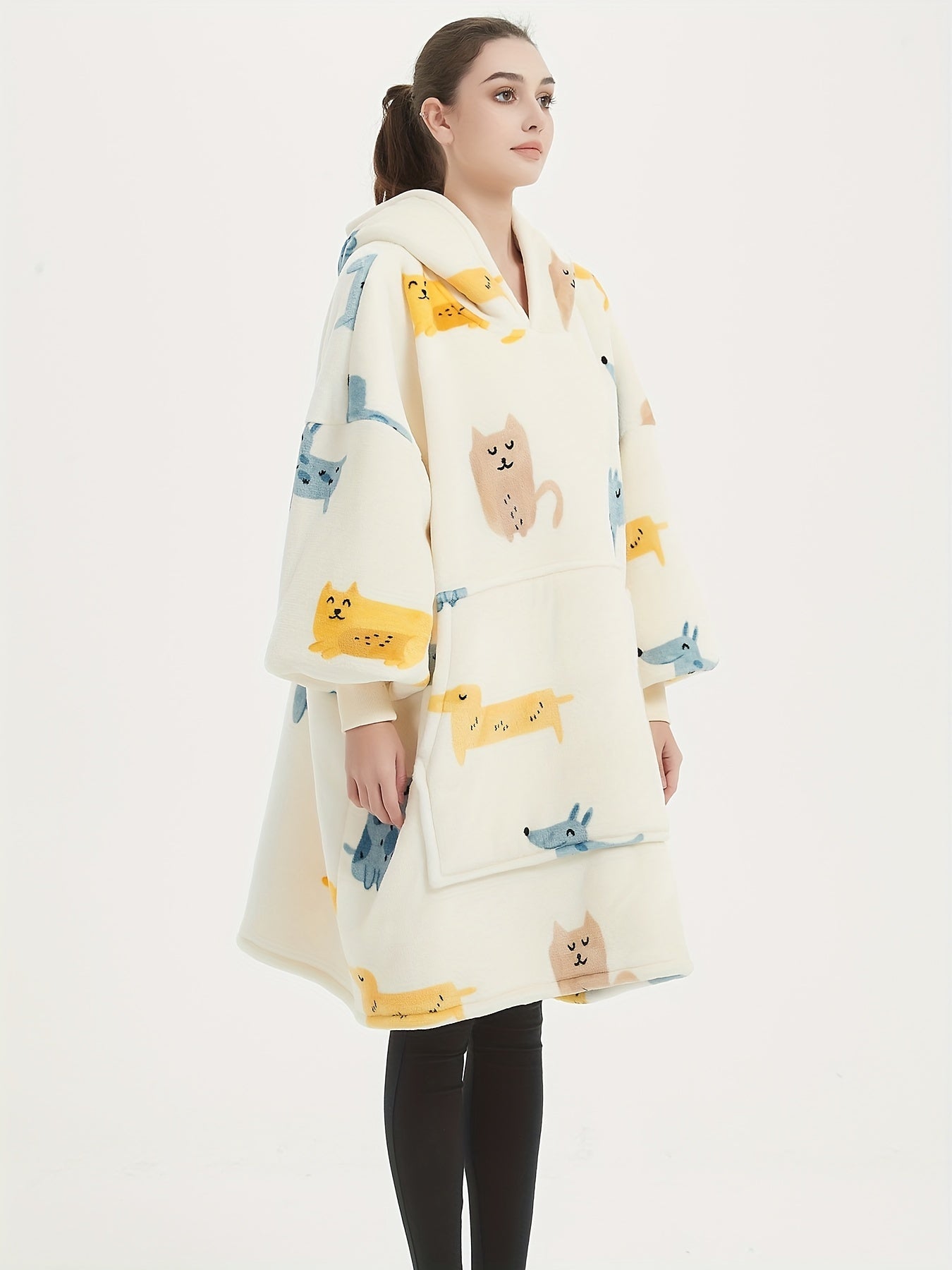Flannel Sherpa Blanket Hooded Robe Plus Size Women's Animal Print Nightgown