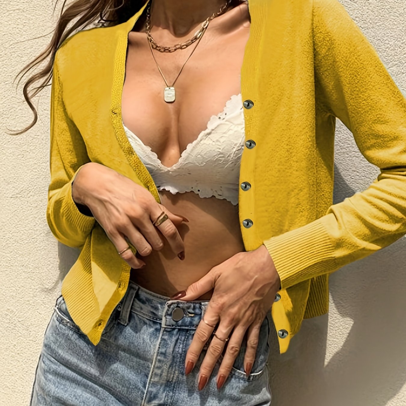 Button Front Knit Cardigan Solid Long Sleeve Sweater