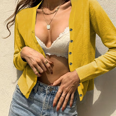 Button Front Knit Cardigan Solid Long Sleeve Sweater