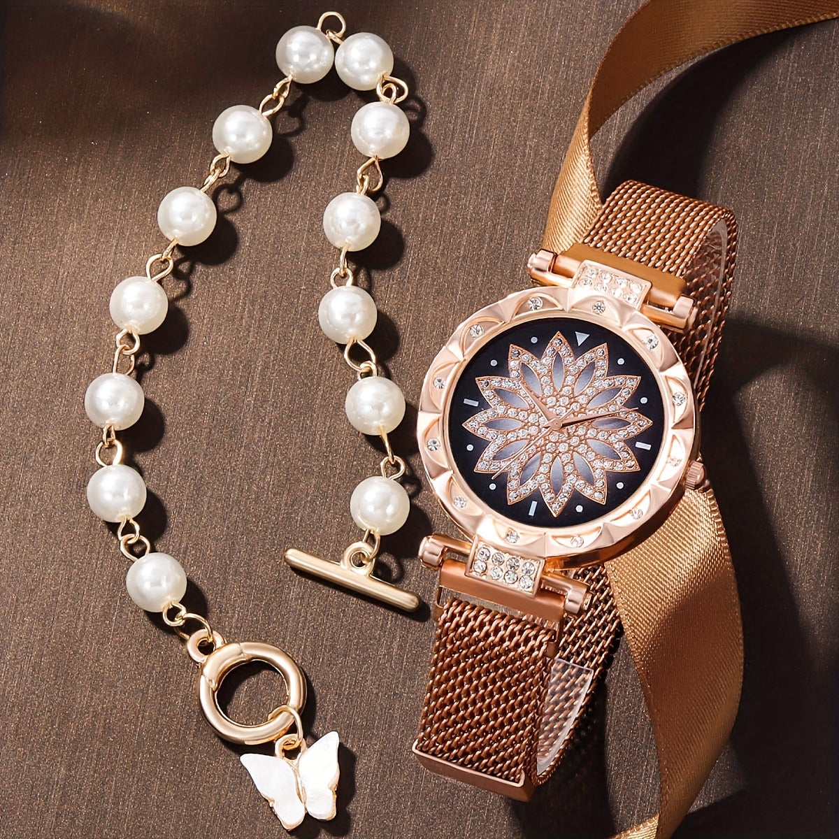 Rhinestone Quartz Watch & Bead Butterfly Jewelry Set