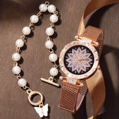 Rhinestone Quartz Watch & Bead Butterfly Jewelry Set