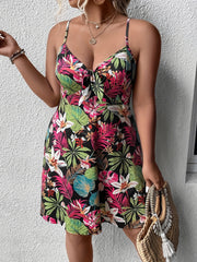 Tropical Print Knot V Neck Mini Cami Dress