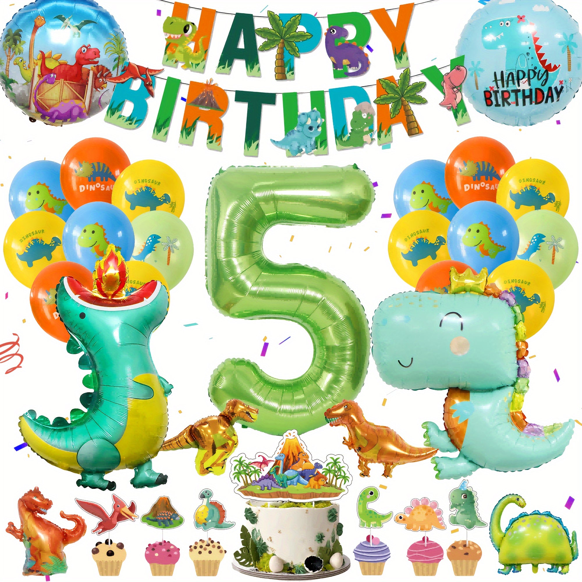 Dinosaur Birthday Decorations Set - Banners, Foil Balloons, Latex Balloons