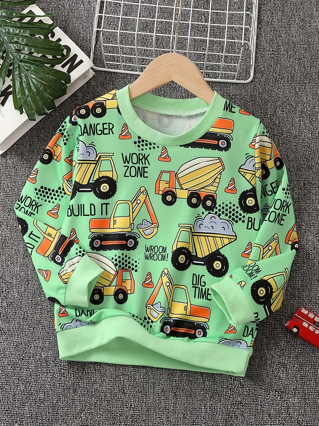 Excavator & Truck Print Sweatshirt Boy's Casual Graphic Crew Neck Pullover Sweat
