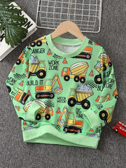 Excavator & Truck Print Sweatshirt Boy's Casual Graphic Crew Neck Pullover Sweat
