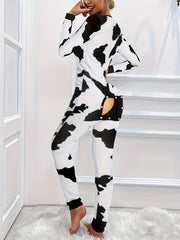 Cow Spot Print Pajama Jumpsuit V Neck Pajamas Women's Lingerie