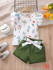 2pcs Girls Floral T-Shirt & Shorts Set Kids Summer Clothes