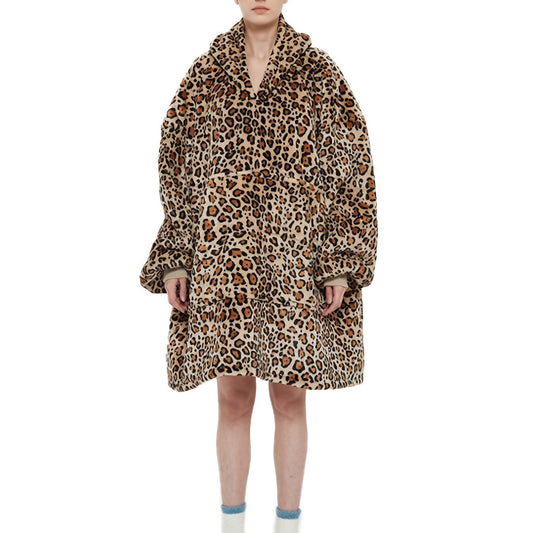 Leopard Print Hooded Fleece Nightgown