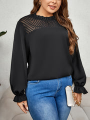 Plus Size Casual Blouse Women's Plus Solid Contrast Mesh Flounce Sleeve