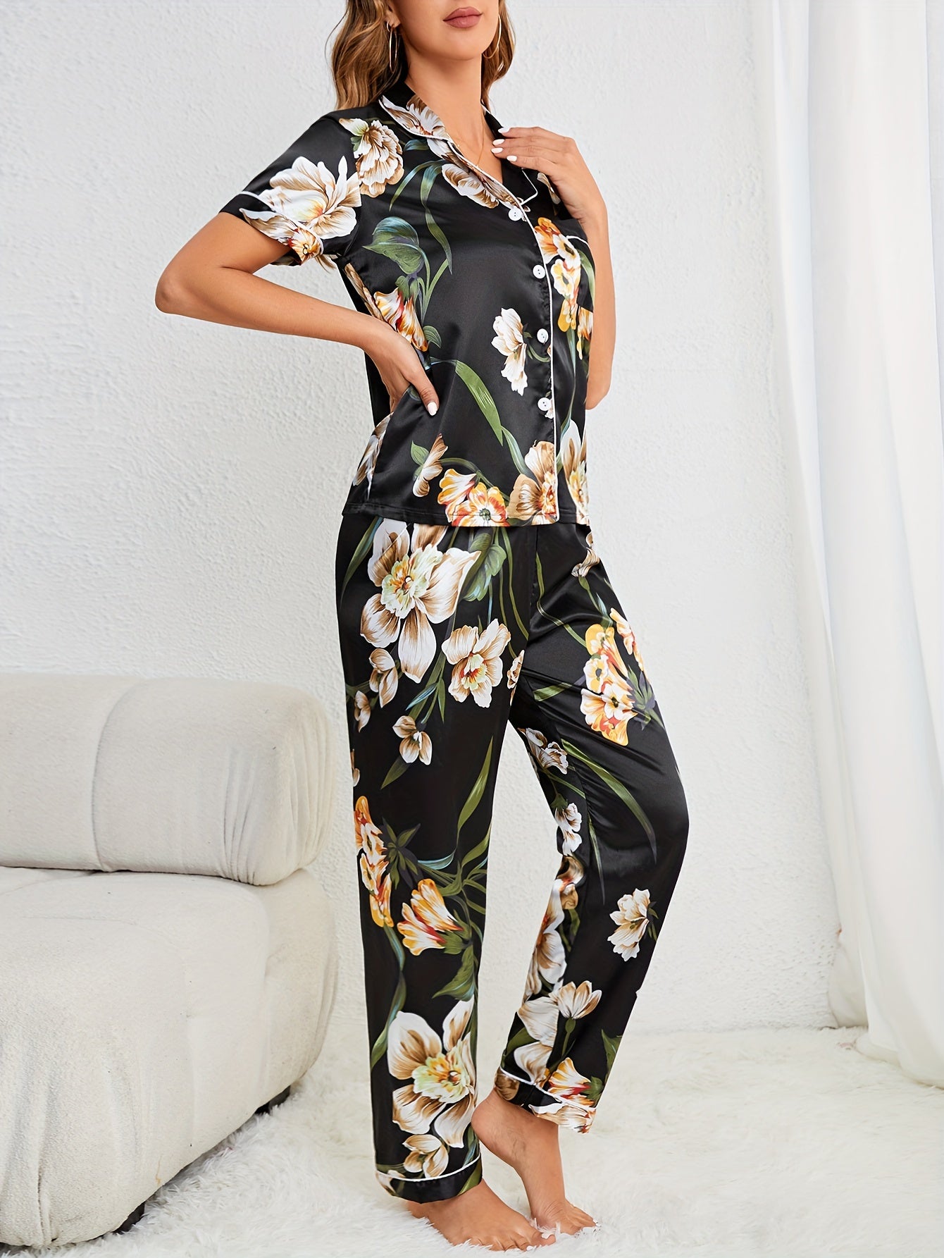 Floral Print Pajama Set Short Sleeve Buttons Top & Elastic Waistband Pants