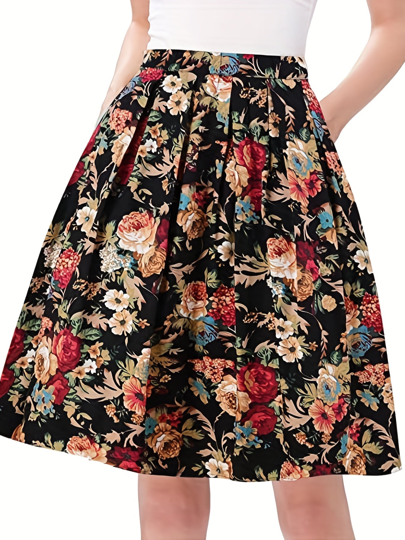 Floral Print Pleated Skirt with Pockets