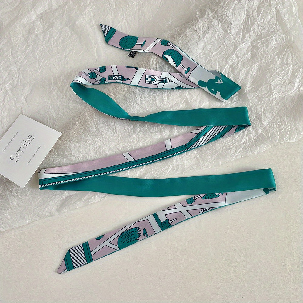 Flower Print Double Sided Long Ribbon Neckerchief Satin Twilly Scarf