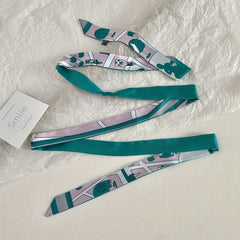Flower Print Double Sided Long Ribbon Neckerchief Satin Twilly Scarf