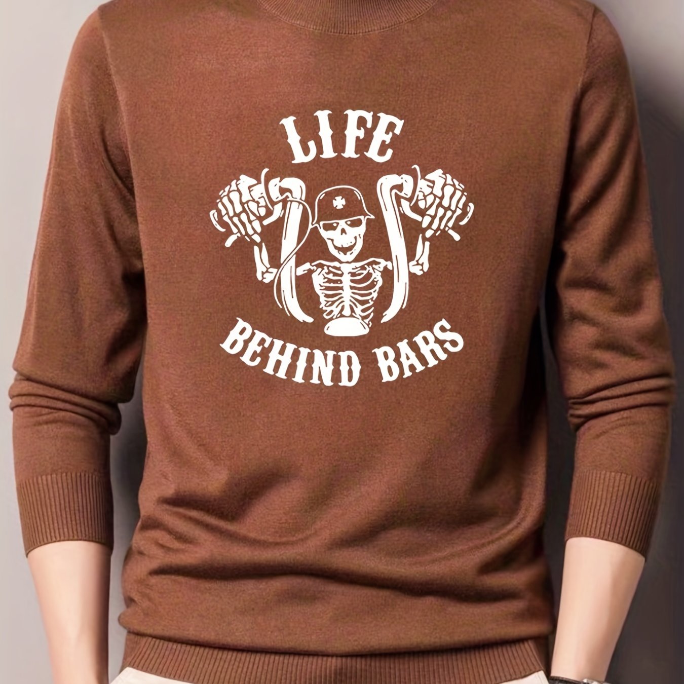 Skeleton Bike Print Knitted Sweater Men's Casual Warm Crew Neck Pullover