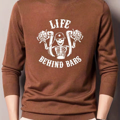 Skeleton Bike Print Knitted Sweater Men's Casual Warm Crew Neck Pullover