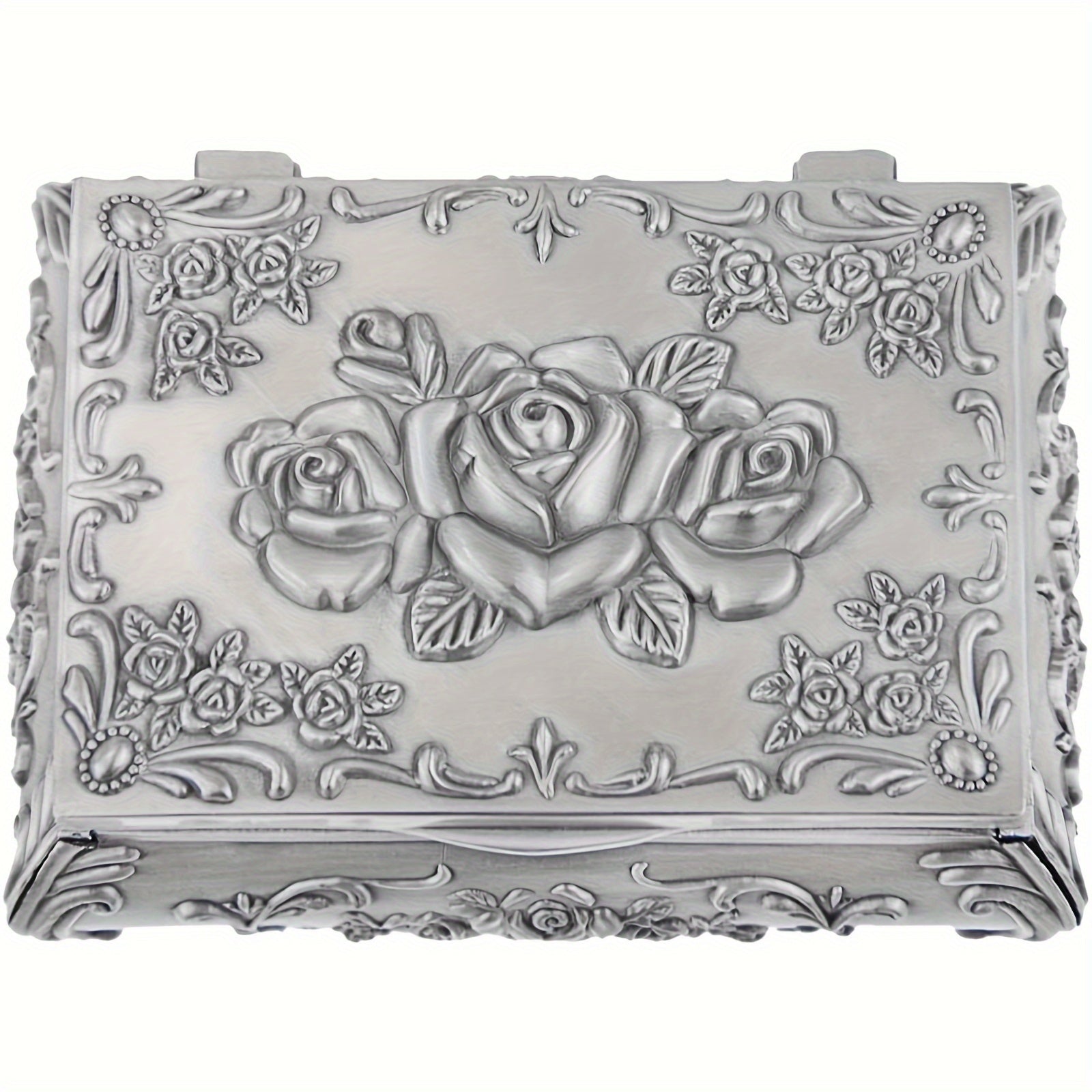 Vintage Embossed Rose Jewelry Box Antique Rectangle Rose Flower Engraving Box