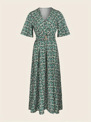 Boho Split Thigh Maxi Dress V Neck Short Sleeve