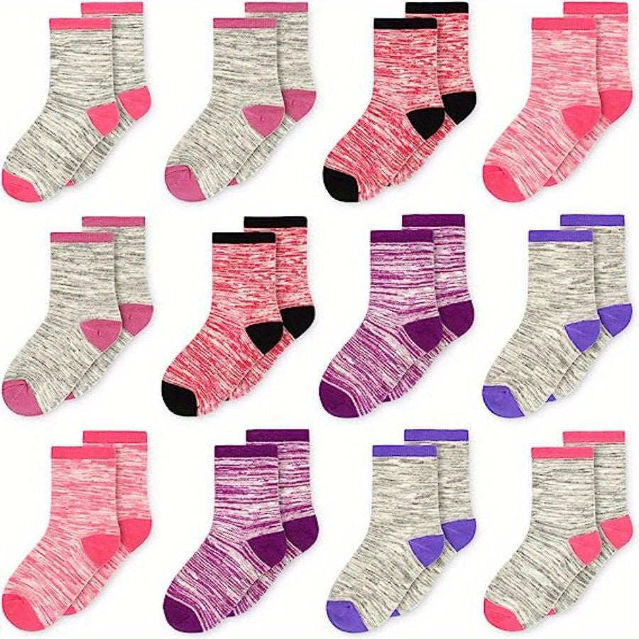 12 Pairs Girls Kids Breathable Comfy Crew Socks Block Socks Children