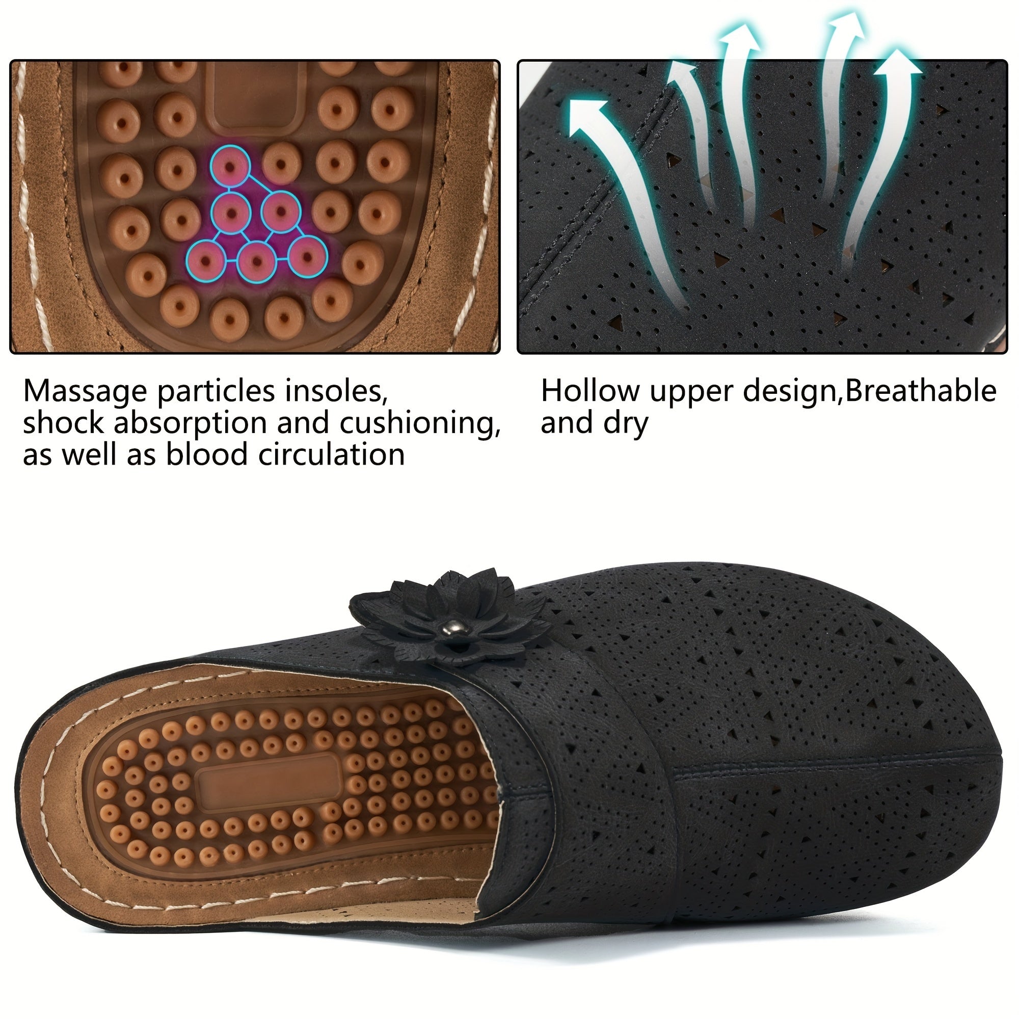 Women's Massage Wedge Mules Perforated Flower Decor Sandals