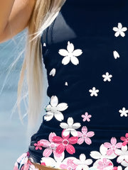 Floral Pattern Casual Tankini Set Halter Round Neck High Cut Swimsuit