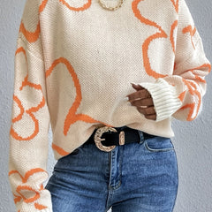 Flower Pattern Knitted Pullover Sweater Crew Neck Long Sleeve for Fall & Winter