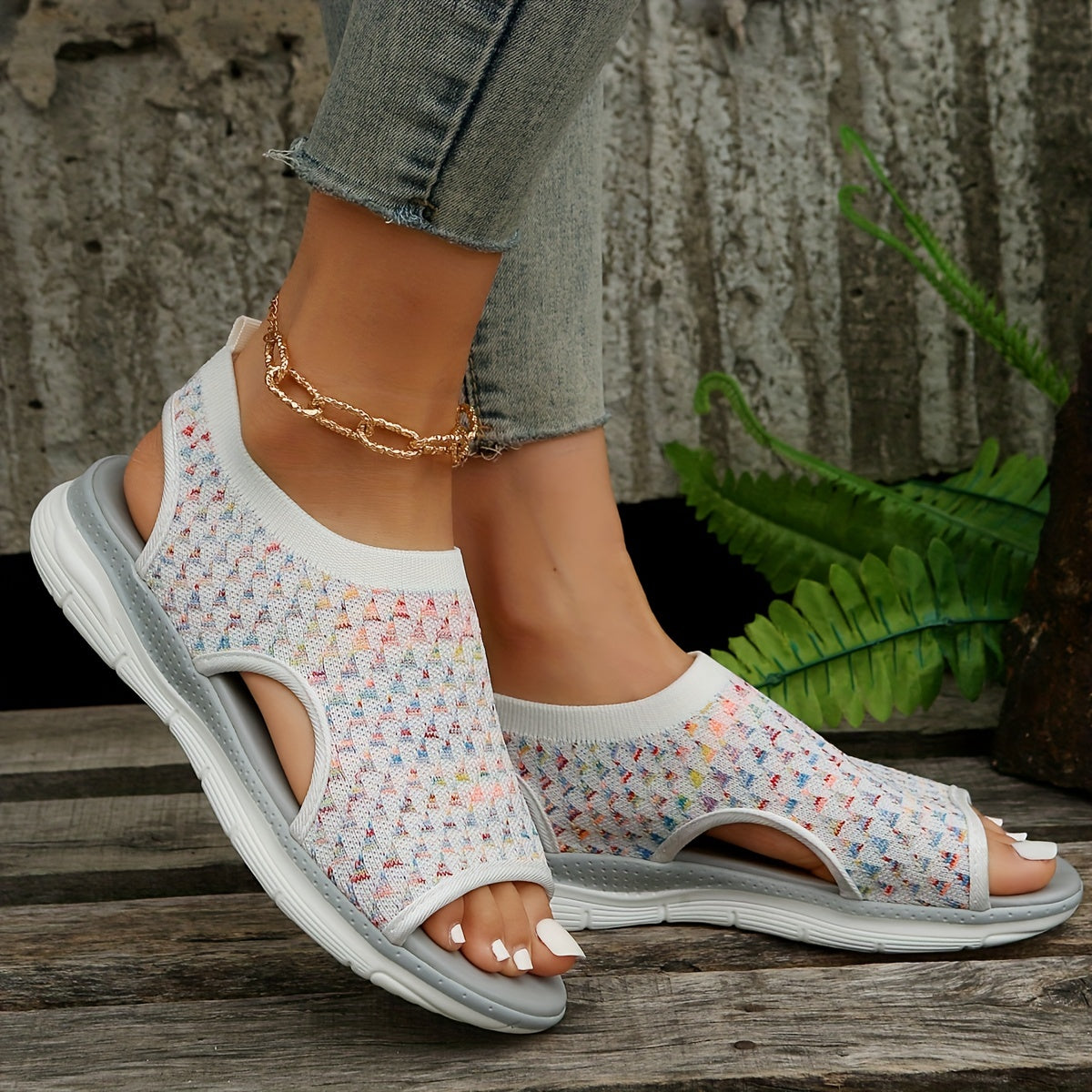 Women's Peep Toe Elastic Knit Sandals - Summer Outdoor Footwear