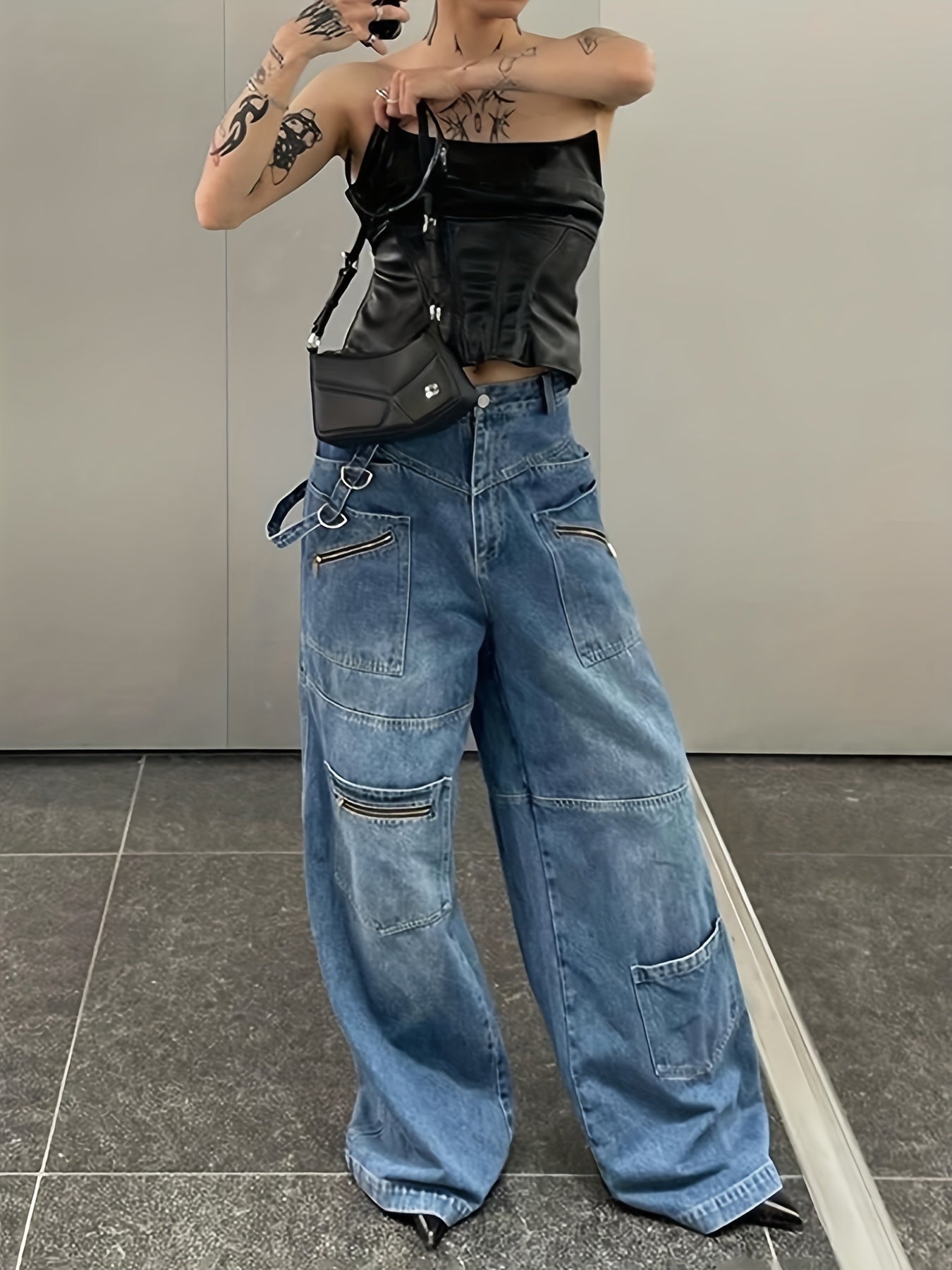 Baggy Wide Leg Jeans Zipper Pocket Denim Pants