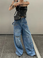 Baggy Wide Leg Jeans Zipper Pocket Denim Pants