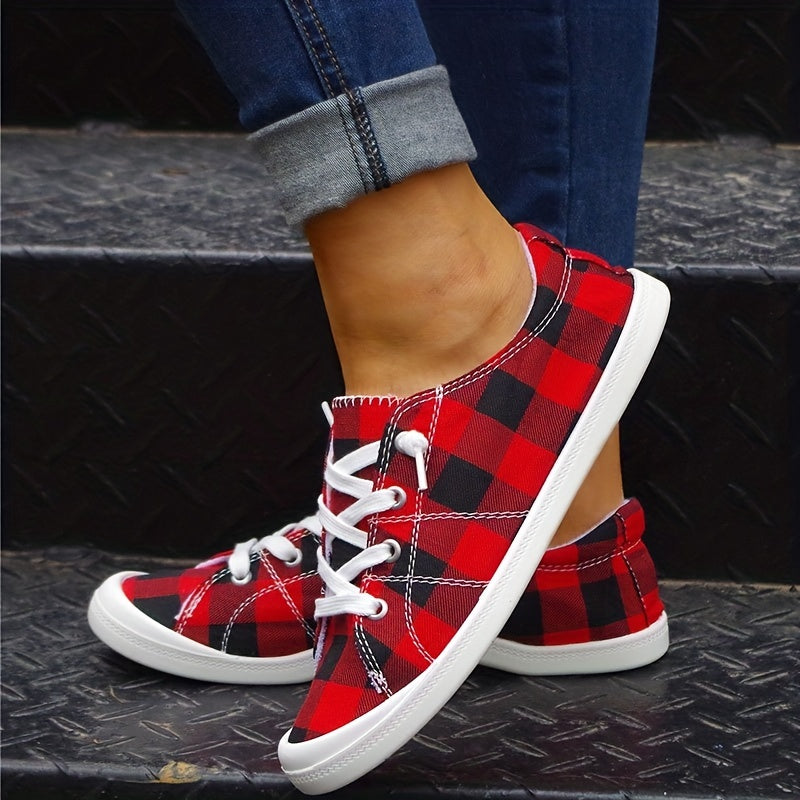 Red Plaid Canvas Shoes Lace Up Flat Sneakers Lightweight Low Top Shoes