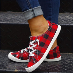 Red Plaid Canvas Shoes Lace Up Flat Sneakers Lightweight Low Top Shoes
