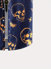 Men's Cross & Skull Print Camp Collar Bowling Shirt Short Sleeve