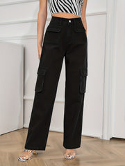 Flap Pockets Straight Jeans Loose Fit Non Stretch Cargo Denim Pants