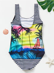 Girls Coconut Tree Stripe Swimsuit Kids Beach Bathing Suit