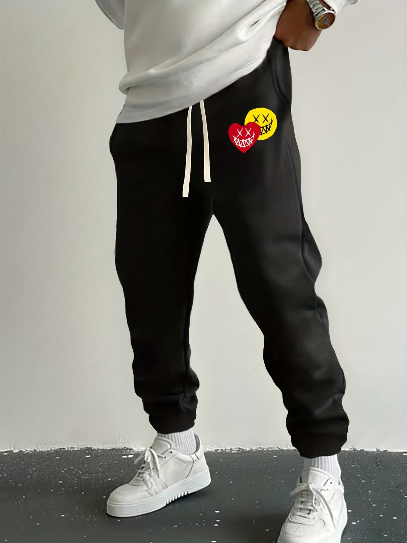Love Heart & Smile Face Print Drawstring Sweatpants Loose Fit Pants Men's Casual