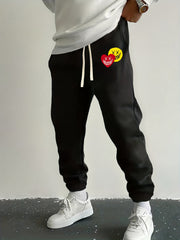 Love Heart & Smile Face Print Drawstring Sweatpants Loose Fit Pants Men's Casual