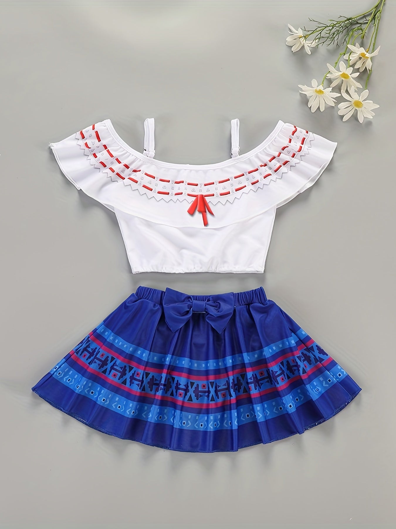 Girl's Geometric Print Bikini Set with Camisole Top & Skirt