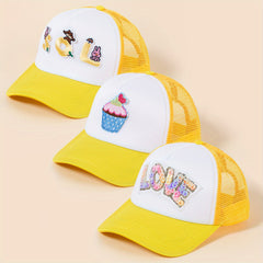 Cartoon Patch Trucker Hat Rabbit Bear LOVE Ice Cream Decor Yellow Baseball Cap
